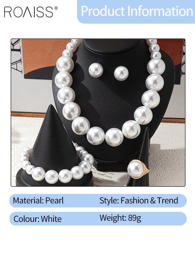 roaiss 5 Pcs White Pearl Jewelry Set for Women Fashionable Beaded Necklace, Bracelet, Earrings, and Ring Retro Elegance Luxury Wedding Accessories - Image 2